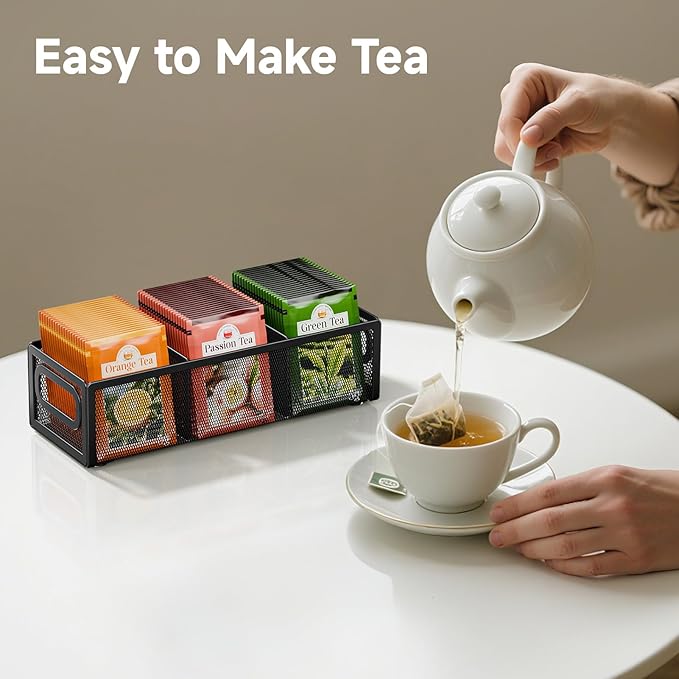 Tea Bag Organizer, Mesh Tea Bag Holder with Handle, Teabag Holder, Tea Station Organizer for Countertop, Pantry, Kitchen, Cabinet - Black