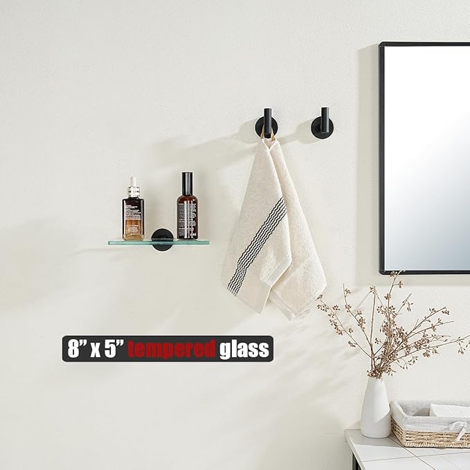 JQK Bathroom Glass Shelf Black, Tempered Glass Shower Storage 8 by 5 inches, 304 Stainless Steel Matte Black Wall Mount 2 Pack, TGS101L8-PB-P2