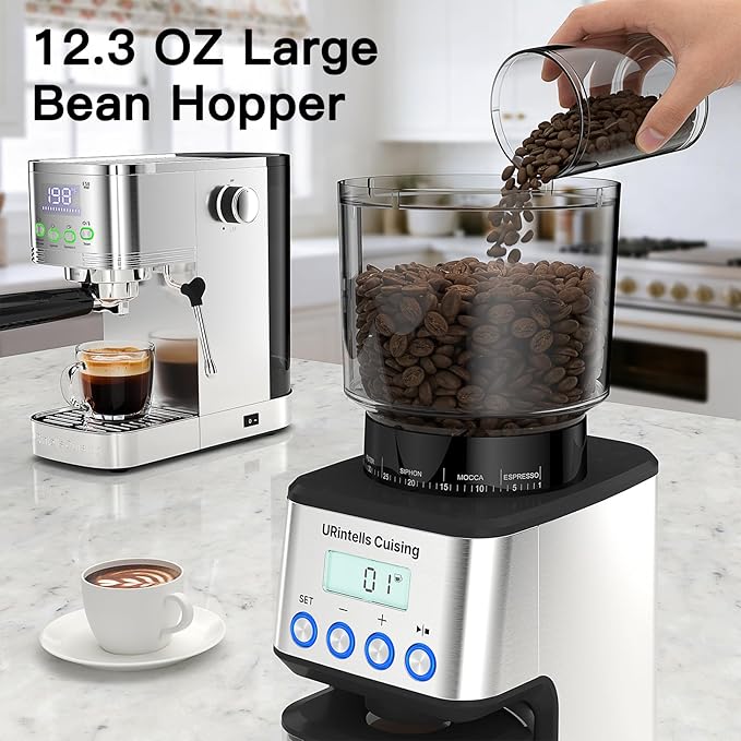 URintells Cuising Espresso Grinder, Burr Coffee Grinder with 51 Grind Settings, Precision Timer, Stainless Steel Coffee Grinder with Easy Cleaning, Anti-Static Design & 3 Operation Modes