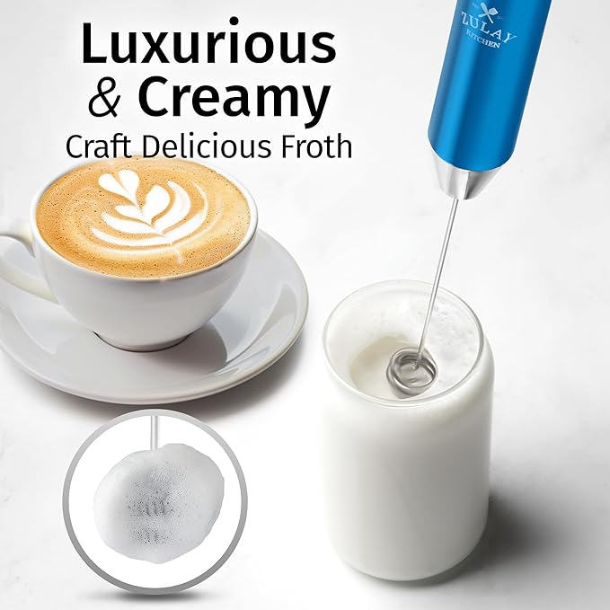 Zulay Kitchen Rechargeable Milk Frother Handheld Lux - Powerful 2-Speed Motor, Waterproof, 2000mAh Battery - Drink Mixer for Latte, Cappuccino, Matcha & Protein Powder - Metallic Blue