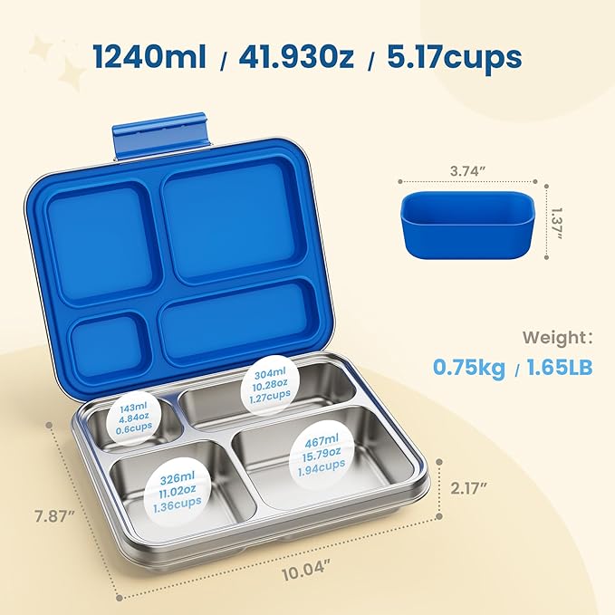 Stainless Steel Bento Box, 4-Compartment Metal Lunch Box with Removable Silicone, Lunch Container for Kids & Adults with Silicone Inner Container, School, Office, Dishwasher Safe(Blue)