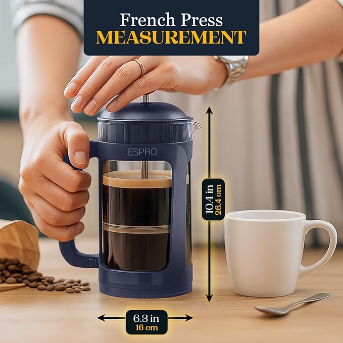 ESPRO Light P3 French Press Coffee Maker – Patented Double Micro-Filter for Grit-Free Brew, Heat Resistant thicker Borosilicate Glass Coffee press – (Blue - 32 oz)