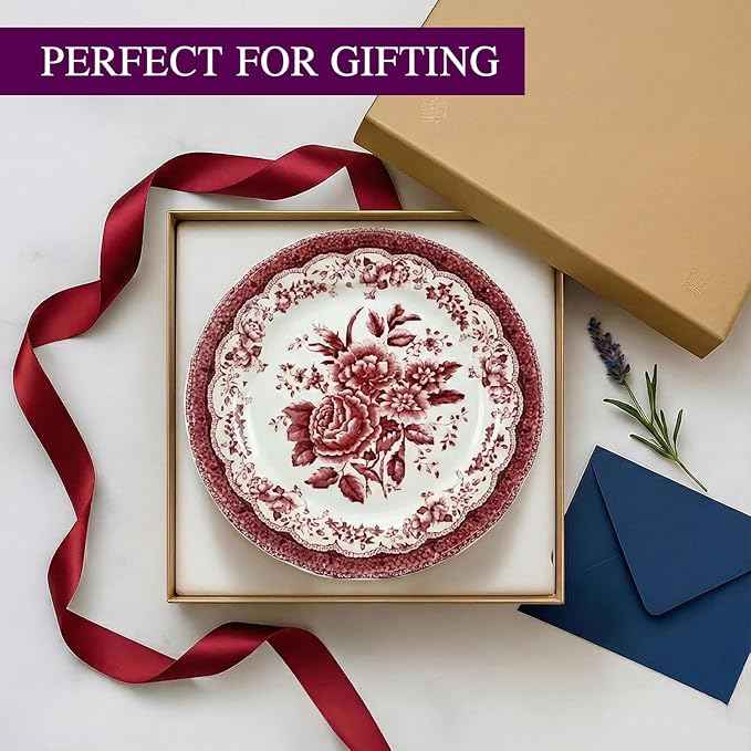 Tudor Royal 12-Piece Round Porcelain Dinnerware Set, Service for 4 - Victoria RED Design, Red Floral, Plates Bowls Dishes, Premium Quality Tableware, Unique Pattern, Glossy