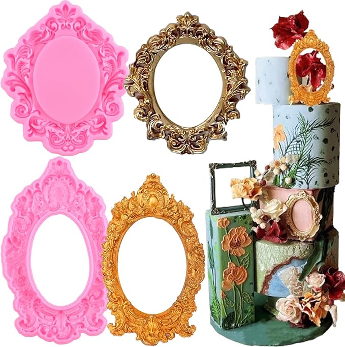 Mujiang Baroque Picture Frames Silicone Mold Photo Frame Fondant Molds Vintage Frame Mold For Sugar Cake Decorating Cupcake Topper Chocolate Gum Paste Candy Polymer Clay Set Of 2