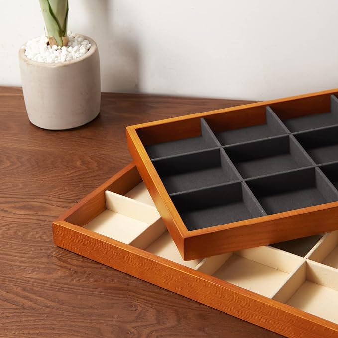 Oirlv 12 Grids Wood Jewelry Organizer Tray Stackable Jewelry Drawer Tray Bracelet/Watch Showcase Display Storage(Grey)