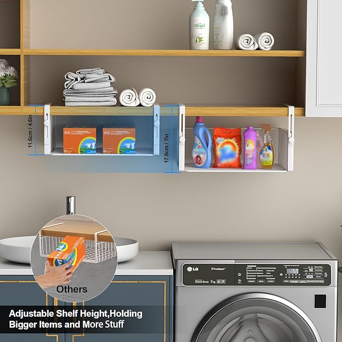 AmonHouseware 2Pack Under Shelf Basket Organizer,Adjustable Hanging Holder for Cabinet Pantry Kitchen Cupboard Desk Counter Bookshelf Organization Add-on Space Saver Heavy Duty Slide-in (White, Large)
