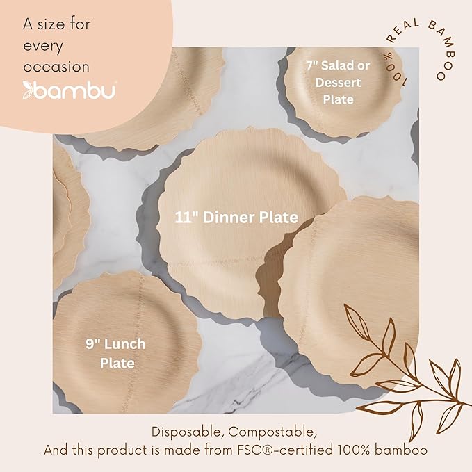 Bambu Pack of 25-7 Inch Disposable Bamboo Plates Fancy, Biodegradable Eco Friendly Products, Bamboo Disposable Plates for Party, Weddings, and Events, Great For Any Occasion, Compostable Plates