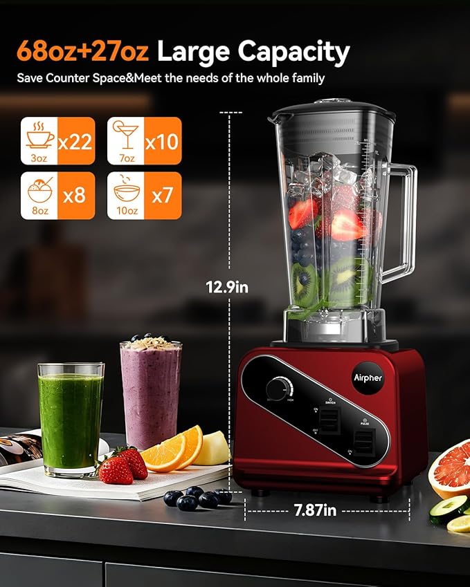 Blender 1200W, Professional Countertop Blender with 8-Blade Stainless Steel Blade for Quickly Crushing Ice, Fruit, Red