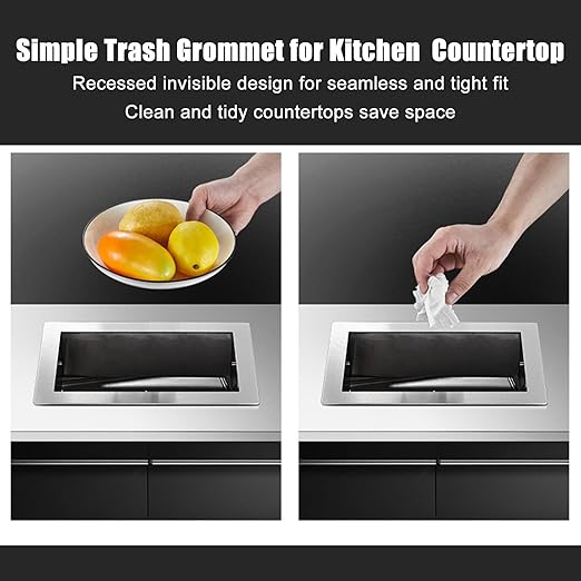 Embedded Countertop Trash Can, Stainless Steel Kitchen Trash Can, Built-in Countertop Trash and Waste Chute, Square Built-in Countertop Trash Can Grommet,A White Trash can Grommet