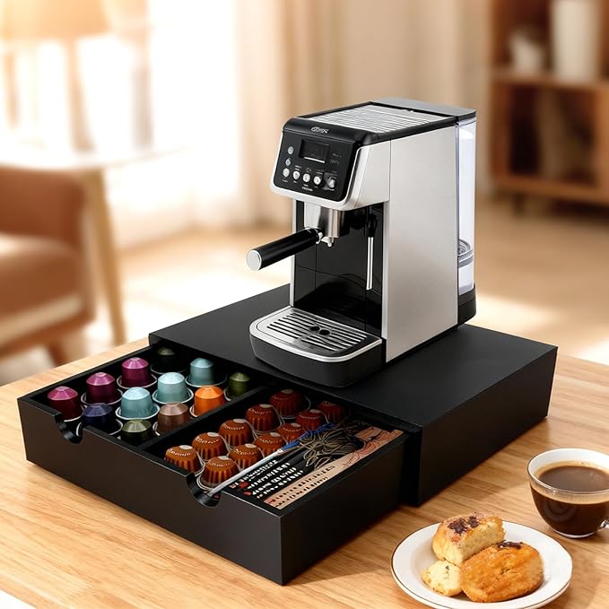 Coffee Pod 15" X 11" X 3" Natural Wood Countertop Organizer Drawer, Counter Top Espresso Tea Bag Station Storage Holder Box, Black