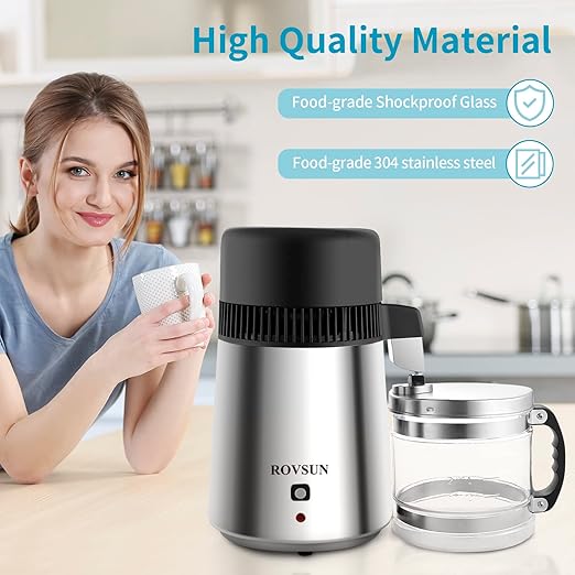 Bonnlo 1.1 Gallon/4L Water Distiller Stainless Steel with Glass Container, 750W Distilled Water Machine Maker Water Distillers for Home Countertop, 1L/H (Silver)