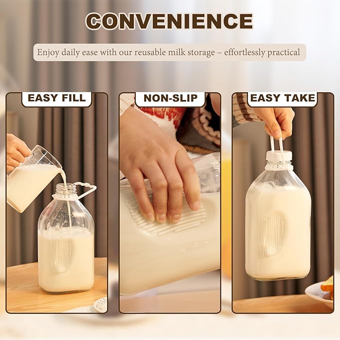 FyndraX Glass Milk Jugs Containers - Half Gallon Juice Bottles with Airtight Screw Cap and Handle for Milk, Breastmilk, Iced Tea, Cold Water, 64OZ Pitcher Set of 3