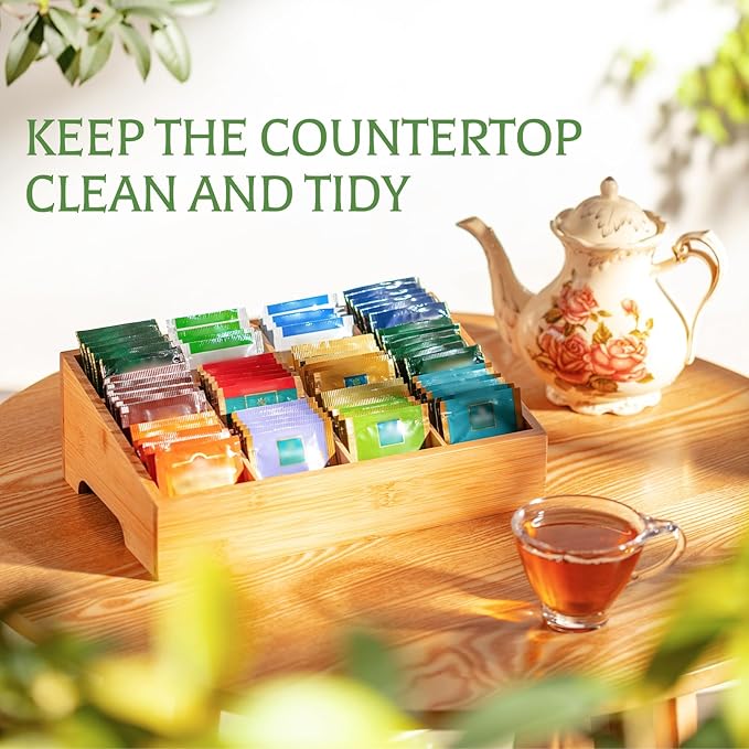 TIMIEEYA Tea Bag Organizer - Bamboo Tea Storage Organizer With 12 Compartments, 1 Layer Tea Organizer for Tea Bags Natural Bamboo for Countertop Office Kitchen Cabinet Pantry