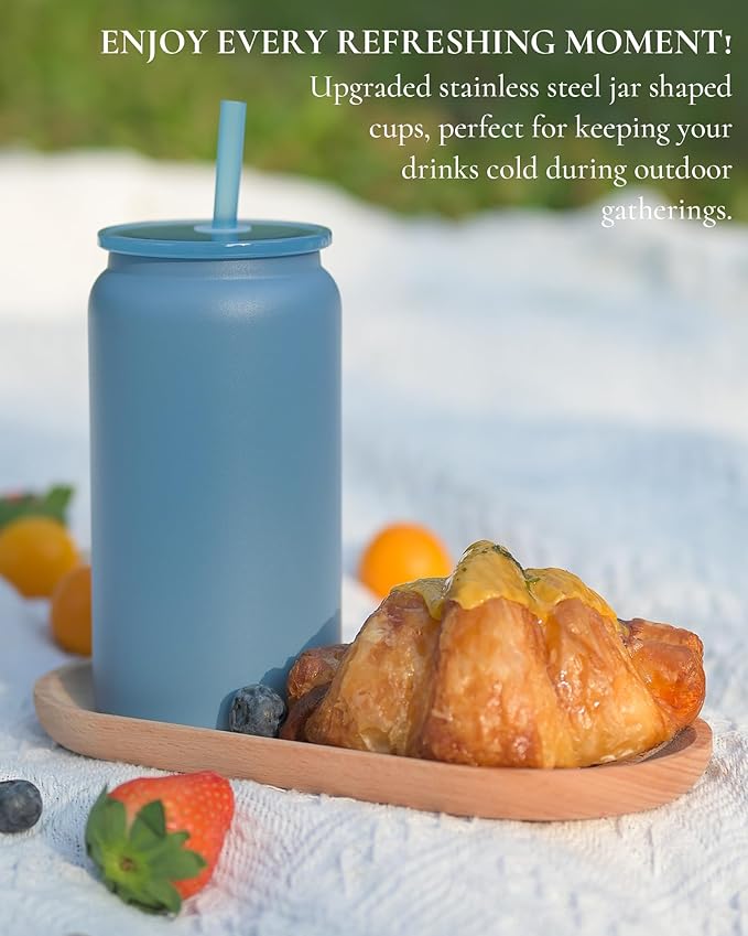 16oz Glass Cups With Lids and Straws, Stainless Steel Beer and Iced Coffee Cup, Smoothie Drinking Cup, Dark Blue (Textured Matte Finish, Not Sublimatable)