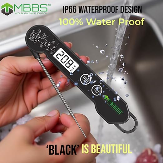 MBBS Meat Thermometer Digital with Foldable Probe | Instant Read, Ultra Fast & Backlit | 100% Waterproof (IP66) | for Kitchen, BBQ, Grill, Smoker | °C/°F Switchable (Black)
