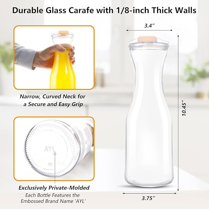 Set of 4 Glass Carafes with Flip Top Lids (40 Oz) – Clear Glass Water Pitchers and Beverage Serveware for Mimosa Bars, Brunch, Parties, Wine, Juice, Milk, Iced Tea, and Lemonade with Easy-Pour Spout
