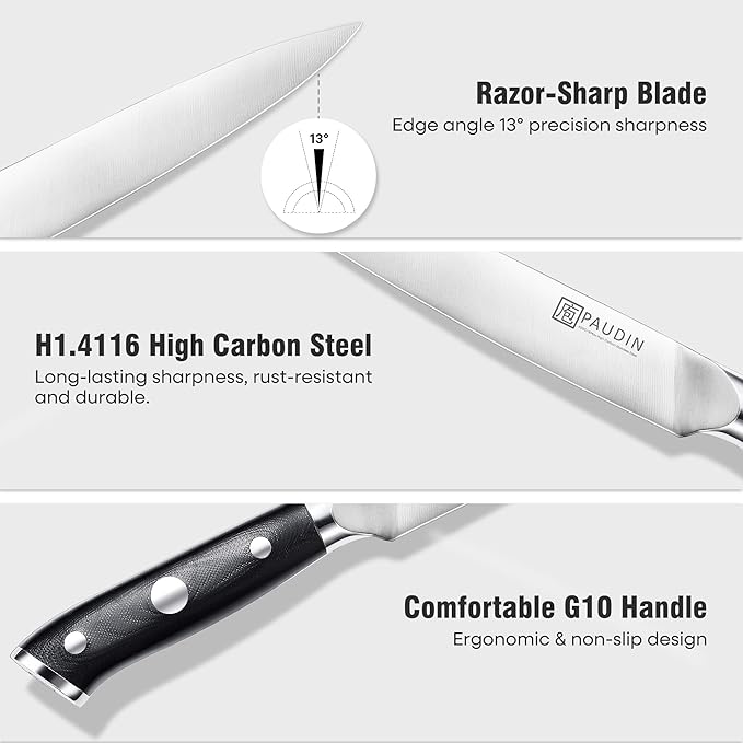 PAUDIN Carving Knife Set - 8" German Steel Turkey Carving Knife and Fork Set With Ergonomic Handle, Full Tang For Meat, Brisket