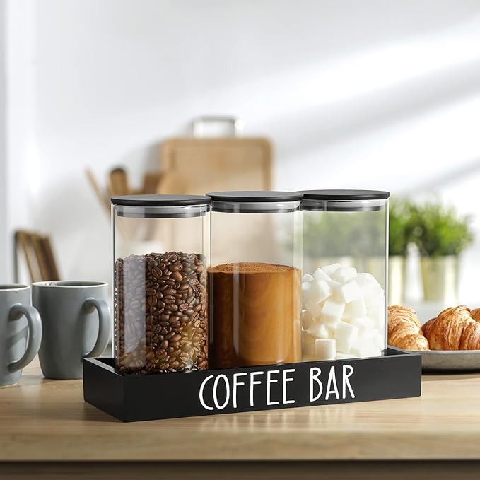 Glass Coffee Canister for Ground Coffee - 3Pcs 45oz Coffee and Sugar Container Set with Airtight Bamboo Lids and Black Tray - Farmhouse Coffee Bean Storage Jars for Coffee Bar Decor and Accessories