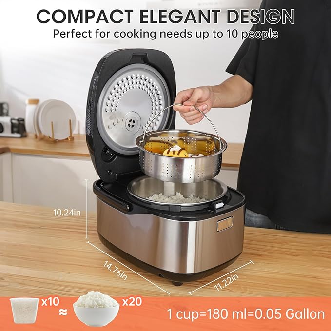 Rice Cooker 10 Cup Uncooked / 20 Cup Cooked,Induction Heating & Fuzzy Logic Technology,Electric Smart Rice Cooker With LCD Display,11 Multi Portable Rice Maker,Delay Timer & Auto Keep Warm