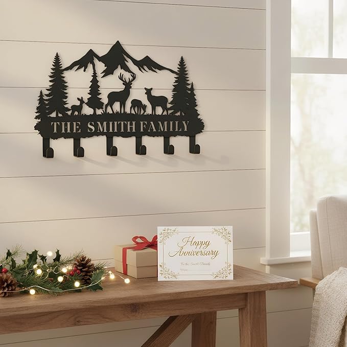Personalized Forest Deer Coat Rack Wall Hanging Key Holder with Name, Metal Key Holder Wall Mount for Kitchen Hallway Doorway Home Decor Gift