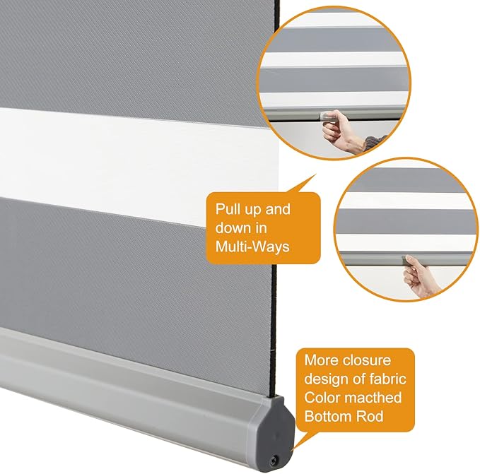 Persilux Cordless Zebra Blinds for Windows Free-Stop Roller Windows Shades (46" W X 72" H, Grey) Dual Layer Light Control for Day and Night, Light Filtering Sheer Shades for Home