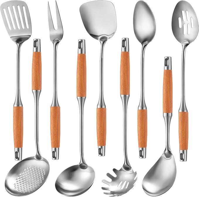 9 Pcs 304 Stainless Steel Utensils Set with Wood Handle Metal Cooking Tool Spatula, Solid Spoon, Slotted Spoon, Fork, Ladle, Skimmer, Slotted Spatula Spaghetti(brown,wooden)