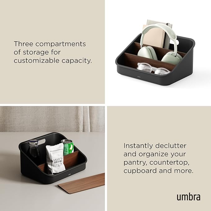 Umbra Bellwood Packet Organizer, Divided Tray for Pantry Ingredients and Other Small Items, Made of Durable Plastic and Wood, Walnut/Black