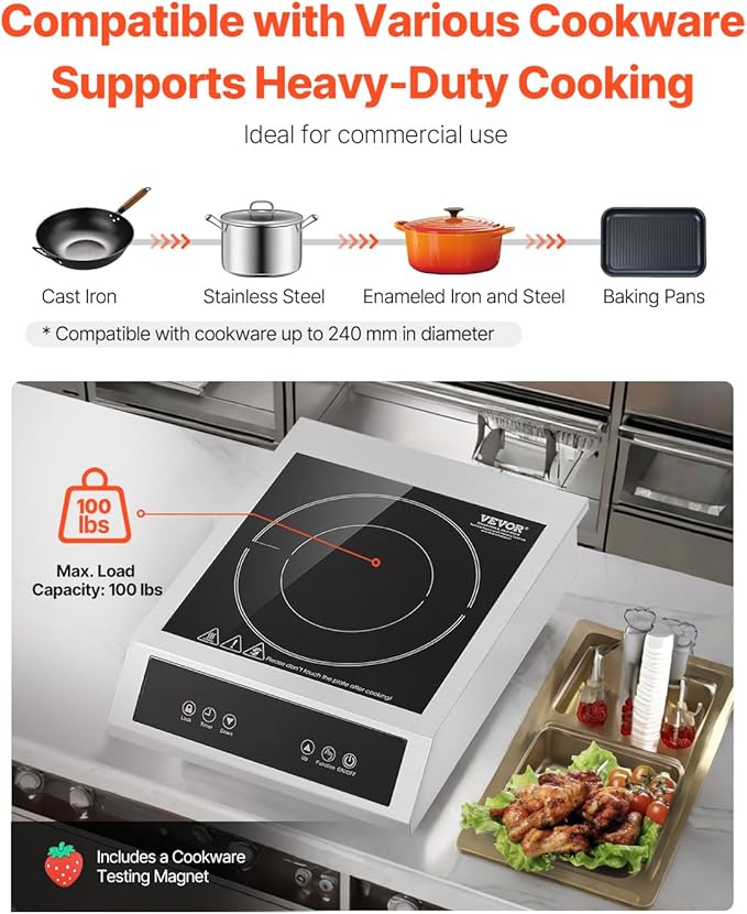VEVOR Induction Cooktop, 3500W Commercial Induction Burner with 11-Level Temperature, Stainless Steel Countertop Induction Hot Plate with 3H Timer, Child Lock for Restaurant (6-15P Plug, 6-20R Outlet)