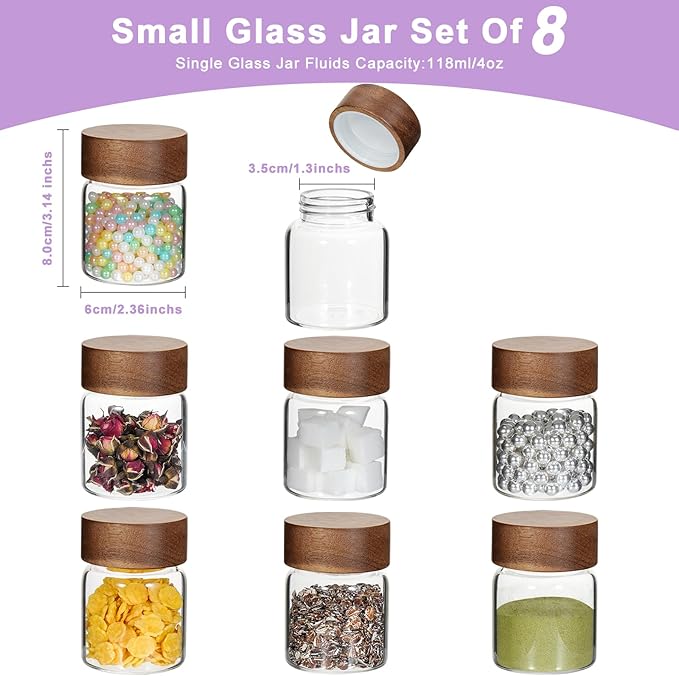4 oz Glass Spice Mason Jars with Screw Wood Lid 8 pcs Airtight Small Glass Jars Seasoning Herb Containers Food Storage Canister for Sugar Coffee Bean Ground Pantry Cookies Salt (4oz(118ml)*8 pack)