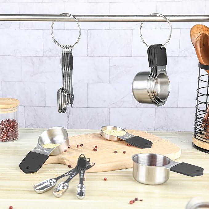 Magnetic Measuring Cups and Spoons Set, 7 Stainless Steel Measuring Cups and 7 Rectangular Metal Teaspoon with 1 Leveler for Cooking & Baking (Black)