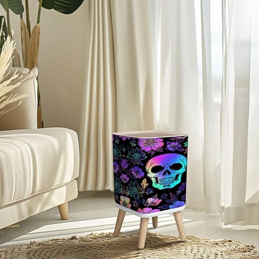 Small Trash Can with Lid Seamless Holographic Bright Human Skulls Flowers Wastebasket with Press Cover Dog Proof Garbage Can Waste Bin for Kitchen Bathroom Nursery 2.6 Gallon