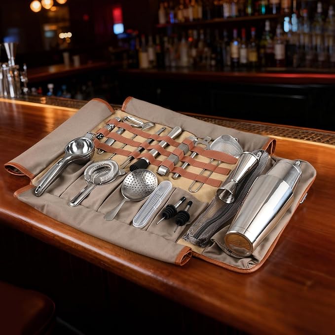 Etens Bartender Travel Kit with Waxed Bag | 22 Piece Bar Set in Roll | Portable Cocktail Tools for Home & Travelling Bartending – Professional Boston Shakers, Unbreakable Melon Squeezer, Accessories