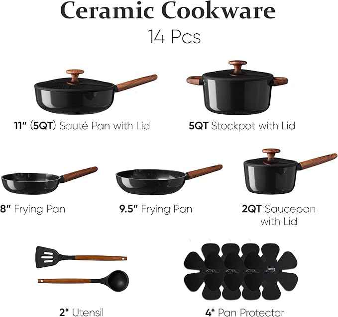 CAROTE ceramic cookware set,nonstick pots and pans，14PCS Non Toxic Healthy Non Stick Kitchen Cooking Pots and Frying Pans Set, PFAS PTFE Free