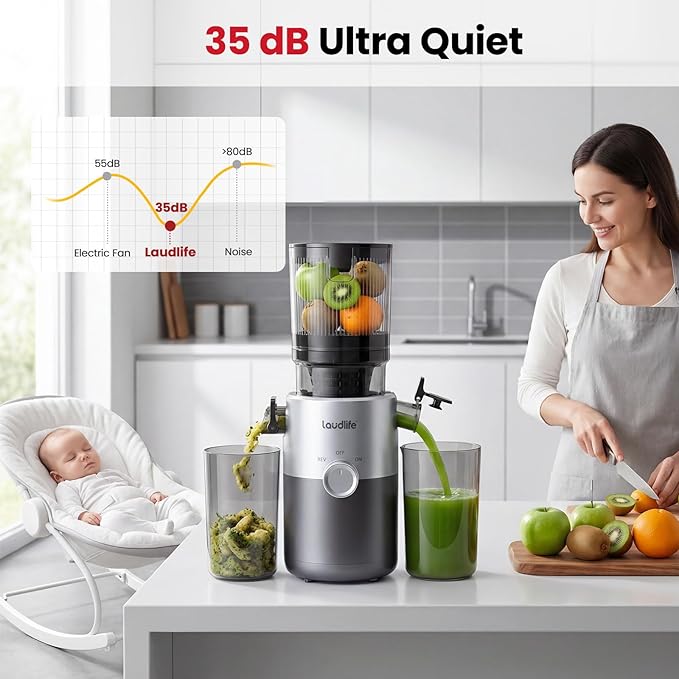 LAUDLIFE Cold Press Juicer Machines, 5.4" Wide Chute Slow Masticating Juicer, 35db Quiet Operation, Easy to Clean, Kale/Spinach Friendly, BPA Free, Juicer Extractor for Whole Fruits & Vegetables