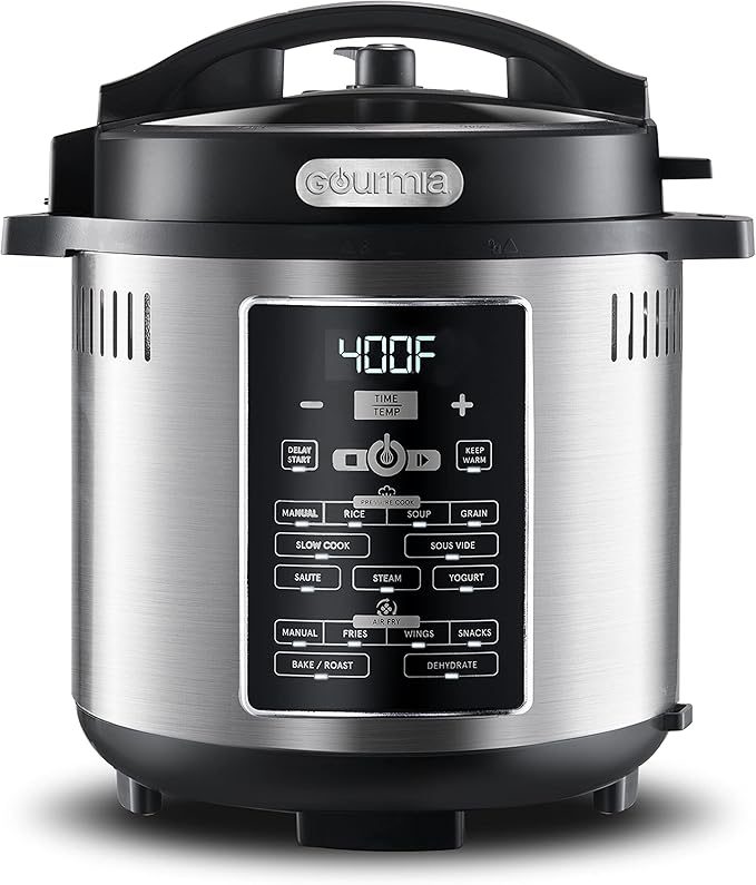 Gourmia GPA2060 One-Lid Pressure Cooker + Air Fryer With 15 One-Touch Cooking Functions - 6-Quart Nonstick Cooking Pot, Air Fry Basket, Multi-purpose Rack, Measuring Cup