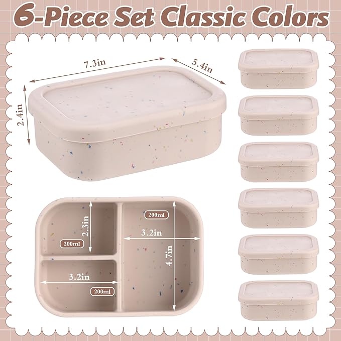Honeydak 6 Pcs Silicone Bento Box for Adults, 3 Compartment Lunchable Food Container for Women Men, Leak Proof Microwave Dishwasher Freezer Safe (Beige)
