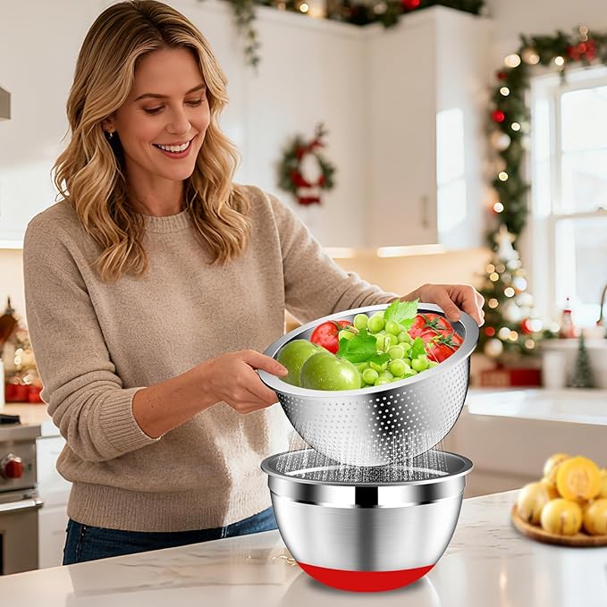 DUTZUN Mixing Bowls with Lids Set - 16pcs Stainless Steel Mixing Bowl Set with Colander, 3 Grater Attachments, Non-Slip Bottom, Metal Nesting Bowls with Strainer for Mixing & Serving - Multicolor