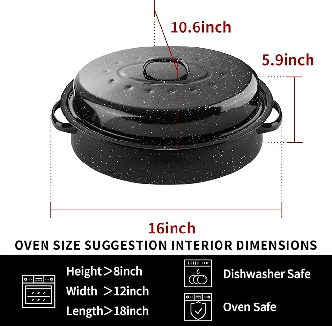 DIMESHY 16Inch Roasting Pan, Enamel on Steel, Black Covered Oval Roaster Pan with Lid, Medium Cookware for Turkey, Small Chicken, Roast Baking Pan.