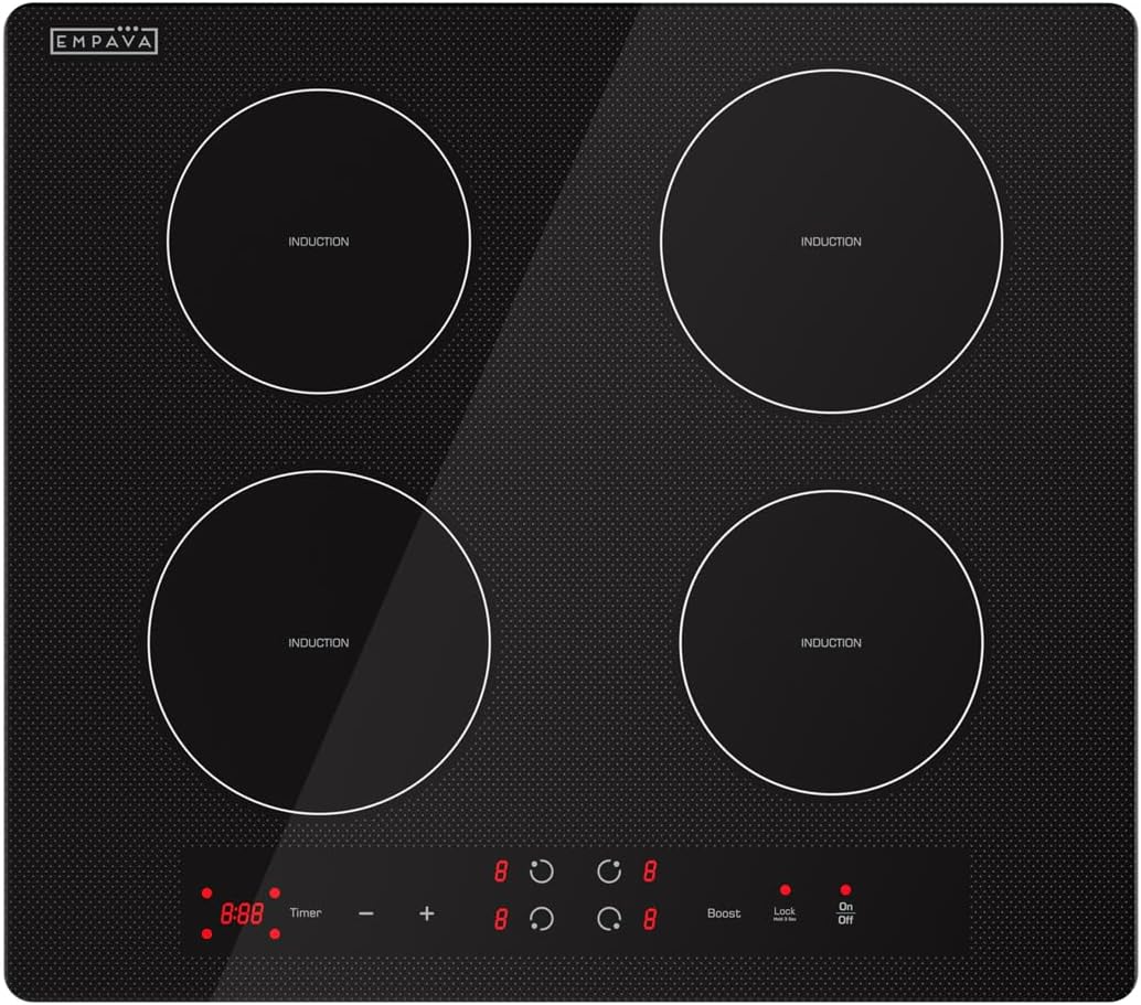 Empava 24 Inch Electric Induction Cooktop 4 Burner Built-in Smooth Glass Stove Top with Power Boost, Touch Control, Timer, Child Lock, Residual Heat Indicator, Hardwired