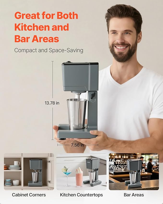 VEVOR Milkshake Maker, 150W Single Head Milkshaking Machine, Height Ajustable, Dual-Speed Adjustment Drink Mixer Blender with 820ml Stainless Steel Cup, for Home, Kitchen, Bar & Beverage Shop