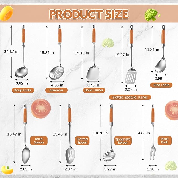 9 Pcs 304 Stainless Steel Utensils Set with Wood Handle Metal Cooking Tool Spatula, Solid Spoon, Slotted Spoon, Fork, Ladle, Skimmer, Slotted Spatula Spaghetti(brown,wooden)
