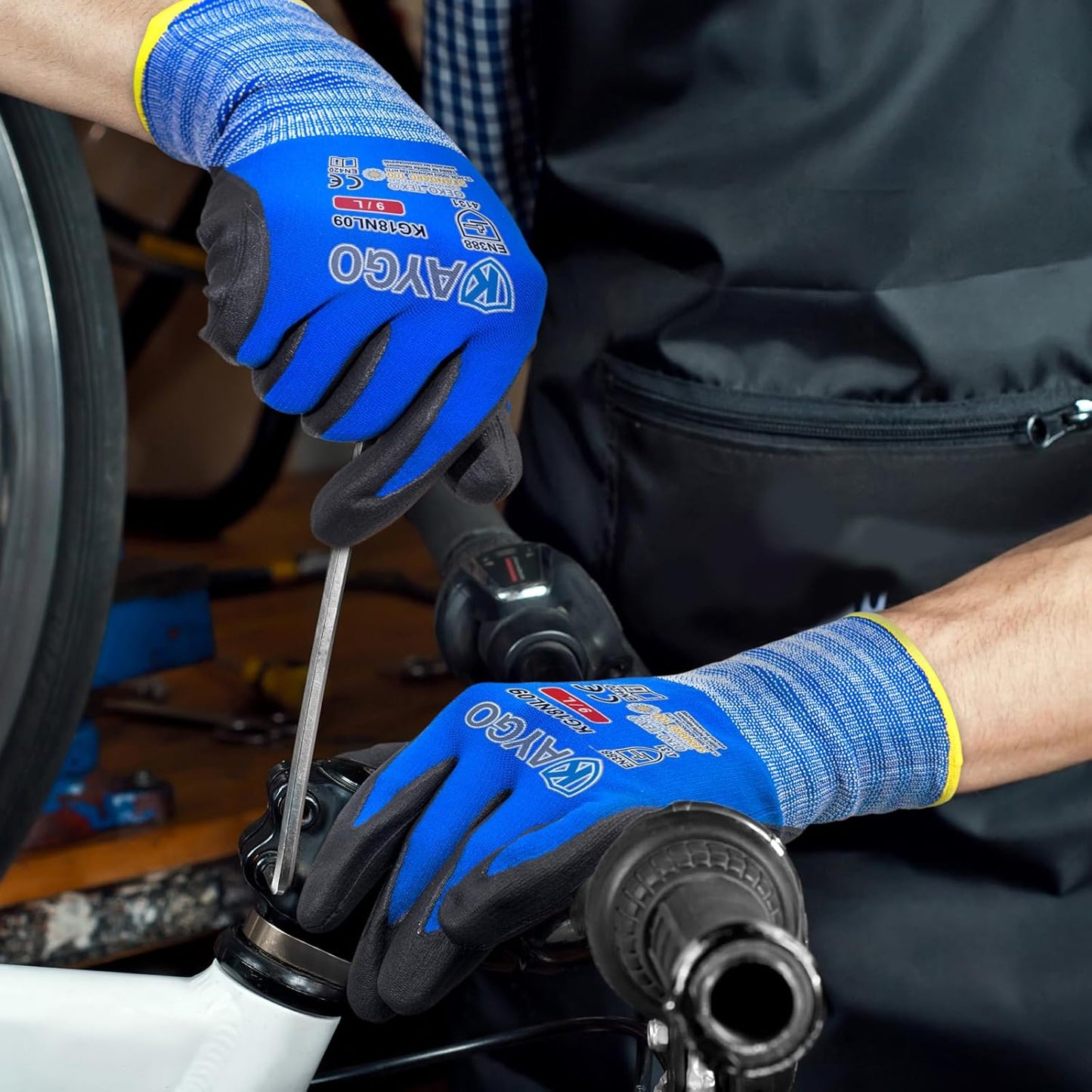 KAYGO Safety Work Gloves MicroFoam Nitrile Coated-3 Pairs, KG18NB,Seamless Knit Nylon Glove with Black Micro-Foam Nitrile Grip,Ideal for General Purpose,Automotive,Home Improvement,Blue XX-Large
