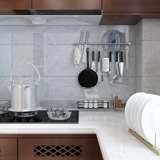 Kitchen Hanging Rack, 20 Inch Wall-Mounted Pot Holder with 10 Quiet Sliding Hooks, Rail Organizer Utensil Holder Bar for Cooking Spatulas Cups, Made of 304 Stainless Steel. (Silver)