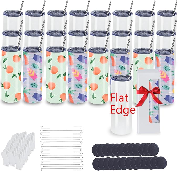 25 Pack 20oz Sublimation Tumblers Bulk With Flat Edge, 20OZ Flat Sublimation Tumbler Blank, Skinny Straight Stainless Steel Blanks Cups with Individual Box (25, 20OZ FLAT EDGE)