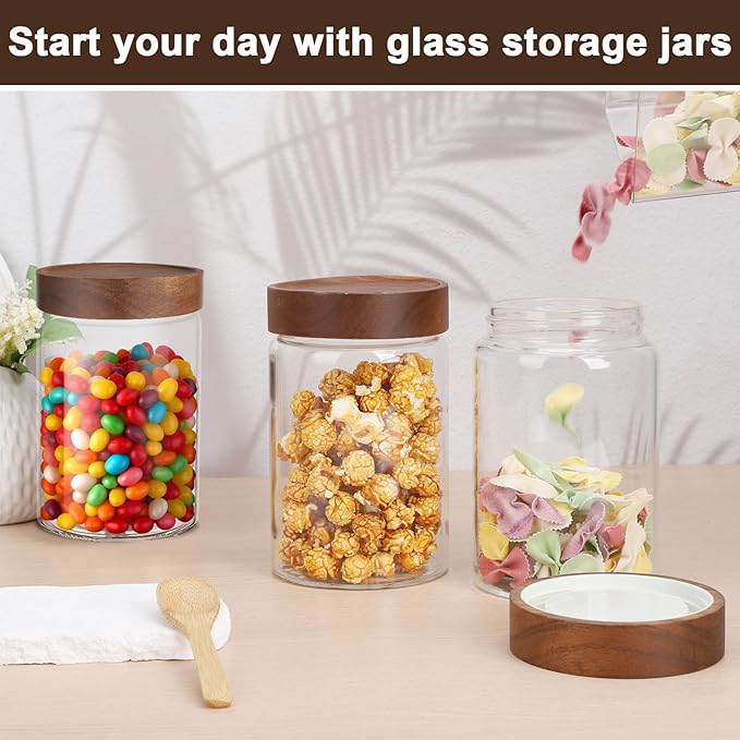 Glass Jar with Wood Lid, 4 Pack 29oz Glass Jars with Airtight Screw Lids, Wide Mouth Coffee and Sugar Containers, Clear Food Storage Canister for Flour, Tea, Oatmeal, Seasoning, Cookie, Candy