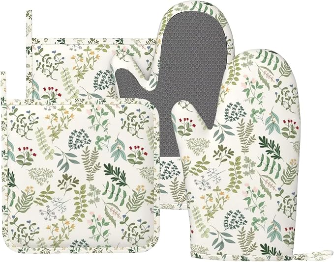 Wildflowers Herbs and Leaves Oven Mitts and Pot Holders Sets Silicone Beige Floral Kitchen Oven Mitts Hot Pads Heat Resistant Potholders Kitchen Mitts Set for Baking BBQ Cooking
