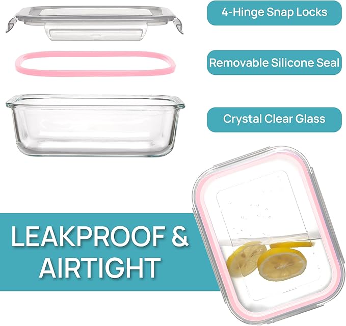 Vtopmart 5 Pack 35oz Glass Food Storage Containers with Lids, Meal Prep Containers, Airtight Reusable Lunch Container Set, Safe for Oven, Microwave, Freezer, and Dishwasher, Pink