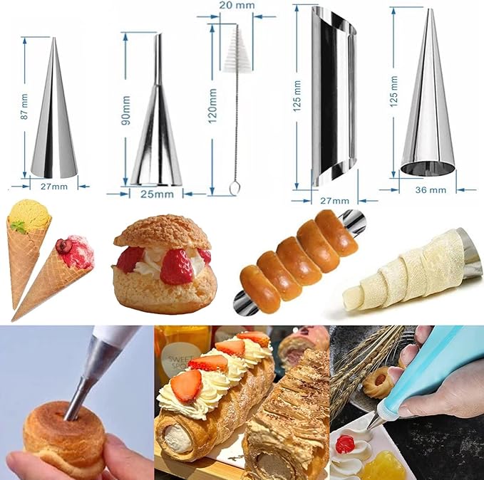 33 Pack Cannoli Forms Tube Set, 10 Cannoli Forms, 10 Large Hones Form Mould 10 Small Croissant Moulds, Brush, Reusable Icing Bag and Long Frosting Tip for Puff Pastry