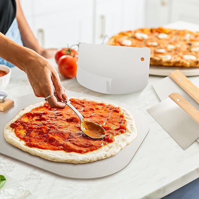 6Pcs Pizza Steel Set for Oven and Grill, 13" Square Pizza Steel for Oven, with Pizza Peel & Dough Pizza Cutter & 20pcs Cooking Paper, Cast Iron Pizza Stone/Baking Bread, Grill heat plates