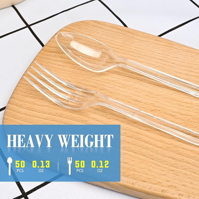 EcoDispose 100 Count Plastic Silverware, Heavy Duty Plastic 50 Forks & 50 Spoons Disposable Utensils Cutlery Set for Party Supplies